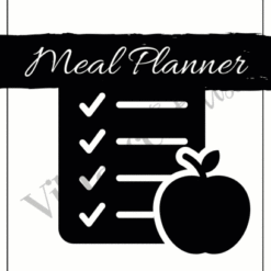 Black and white illustration of a checklist with five check marks and an apple in front, titled “Classic Meal Planner” at the top. The Vibrance & Bliss logo appears at the bottom.