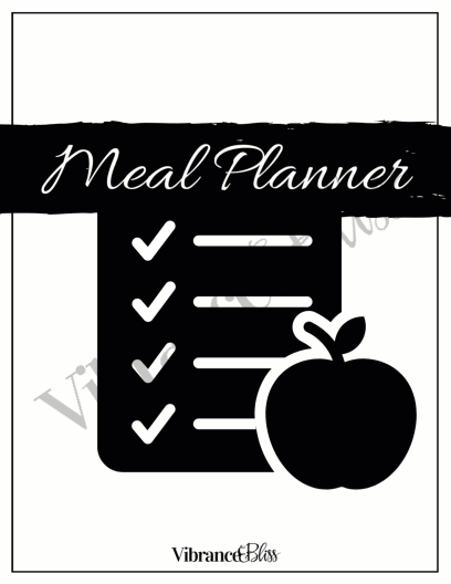 Black and white illustration of a checklist with five check marks and an apple in front, titled “Classic Meal Planner” at the top. The Vibrance & Bliss logo appears at the bottom.