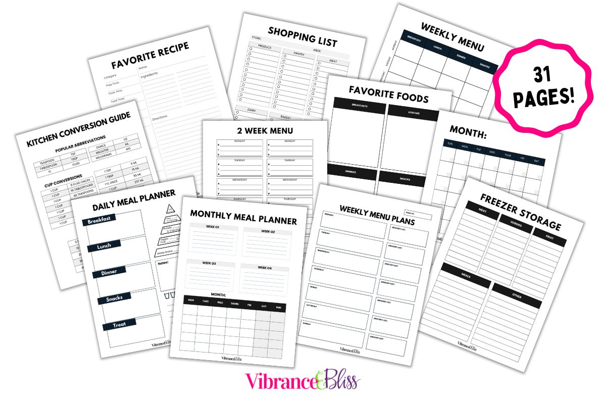The Classic Meal Planner includes 31 printable pages of weekly menus, shopping lists, favorite recipes, kitchen conversions, freezer storage guides, and planners. A pink label at the top right reads “31 pages!”.