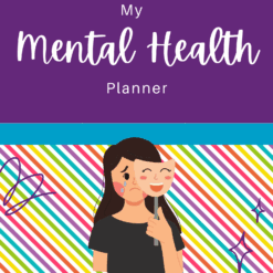 A Mental Health Planner cover shows a sad woman holding a smiling mask, with colorful diagonal stripes in the background. The text "My Mental Health Planner" appears on top, and the Vibrance & Bliss logo is at the bottom.