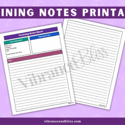The Daily Personal Study & Course/Training Notes Bundle features two printable sheets with a purple floral background: one for course info, key topics, and notes, and another fully lined. Title reads "Training Notes Printable.