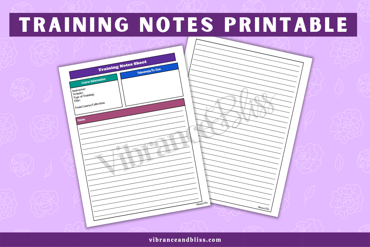 The Daily Personal Study & Course/Training Notes Bundle features two printable sheets with a purple floral background: one for course info, key topics, and notes, and another fully lined. Title reads "Training Notes Printable.