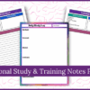Three vibrant note templates from the Daily Personal Study & Course/Training Notes Bundle are shown on a light background with pink squiggles. The overlay says, “Personal Study & Training Notes Pages.”.