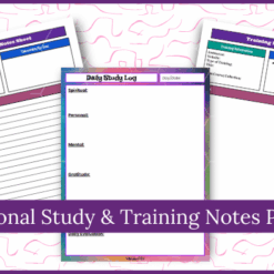 Three vibrant note templates from the Daily Personal Study & Course/Training Notes Bundle are shown on a light background with pink squiggles. The overlay says, “Personal Study & Training Notes Pages.”.