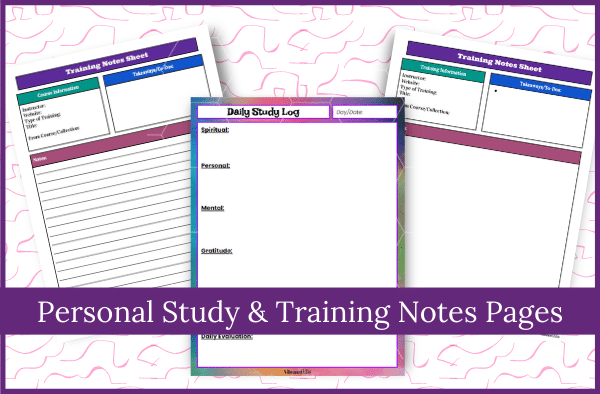 Three vibrant note templates from the Daily Personal Study & Course/Training Notes Bundle are shown on a light background with pink squiggles. The overlay says, “Personal Study & Training Notes Pages.”.