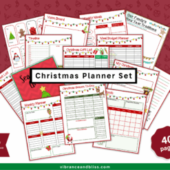 The Christmas Planner features 40 printable PDF pages to organize your holidays, with checklists, meal plans, gift lists, a vision board, and weekly planners in festive red and green designs. Instant download.