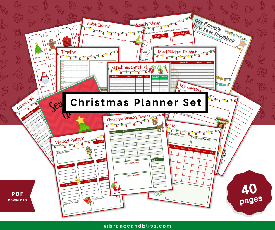 The Christmas Planner features 40 printable PDF pages to organize your holidays, with checklists, meal plans, gift lists, a vision board, and weekly planners in festive red and green designs. Instant download.