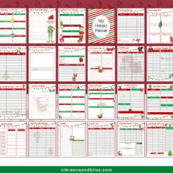 The Christmas Planner is a 25-page organizer with festive designs, including to-do lists, dinner menus, party and gift trackers, baking logs, decor and card planners, and budgets. Each page showcases charming Christmas-themed illustrations.