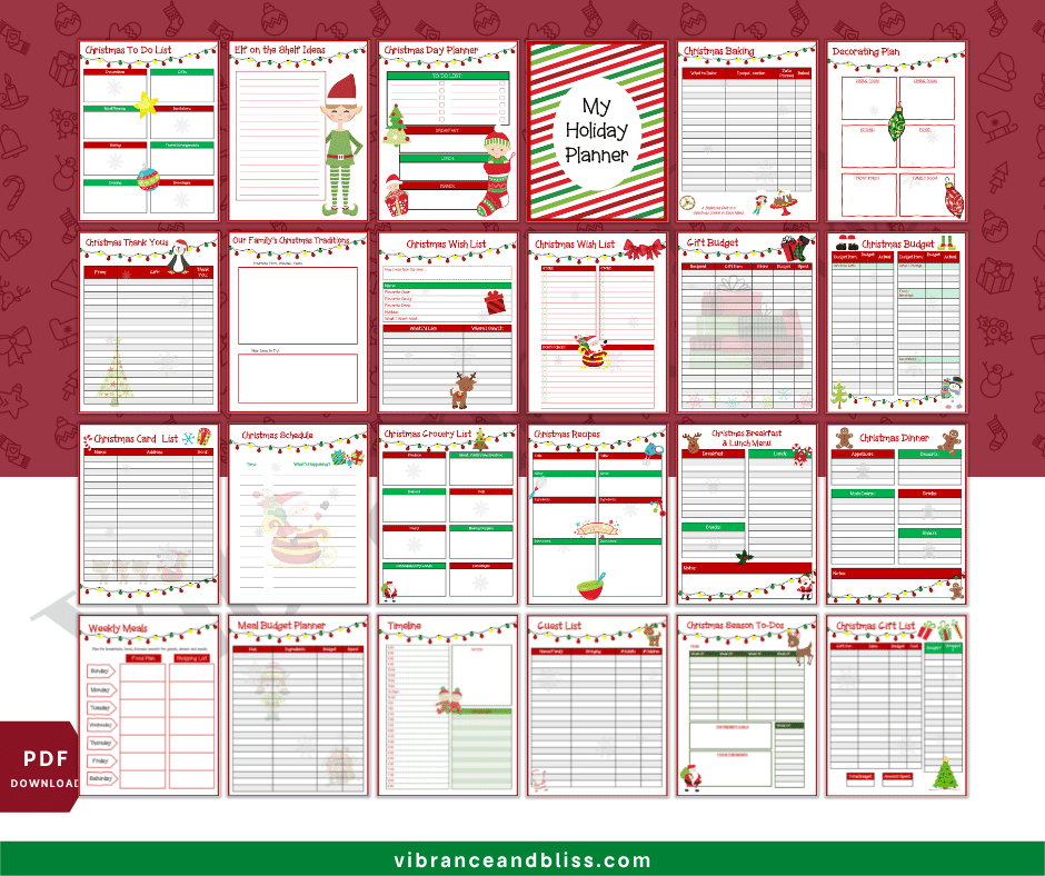 The Christmas Planner is a 25-page organizer with festive designs, including to-do lists, dinner menus, party and gift trackers, baking logs, decor and card planners, and budgets. Each page showcases charming Christmas-themed illustrations.