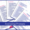 Five vibrant “Journaling Prompts” sheets are displayed on a patterned background, with a blue banner across the center featuring the product name in white text.