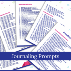 Five vibrant “Journaling Prompts” sheets are displayed on a patterned background, with a blue banner across the center featuring the product name in white text.