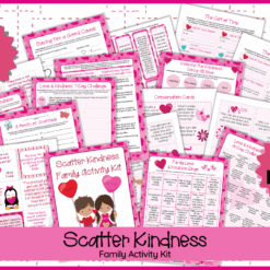 Promotional image for Scatter Kindness: Family Activity Pack displays 17 pink-themed printable PDF pages with hearts, charts, and cards. Text highlights “PDF,” “17 Pages,” and “Family Activity Pack.”.