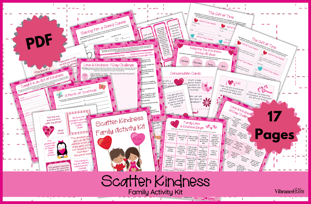 Promotional image for Scatter Kindness: Family Activity Pack displays 17 pink-themed printable PDF pages with hearts, charts, and cards. Text highlights “PDF,” “17 Pages,” and “Family Activity Pack.”.