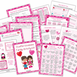 The Scatter Kindness: Family Activity Pack offers colorful, heart-themed worksheets, charts, and conversation cards with activities that foster kindness, love, and gratitude for children and families.