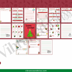 The Christmas Planner is a 12-page printable PDF featuring festive borders, checklists, calendars, notes, and recipe cards with holiday designs on a red background.