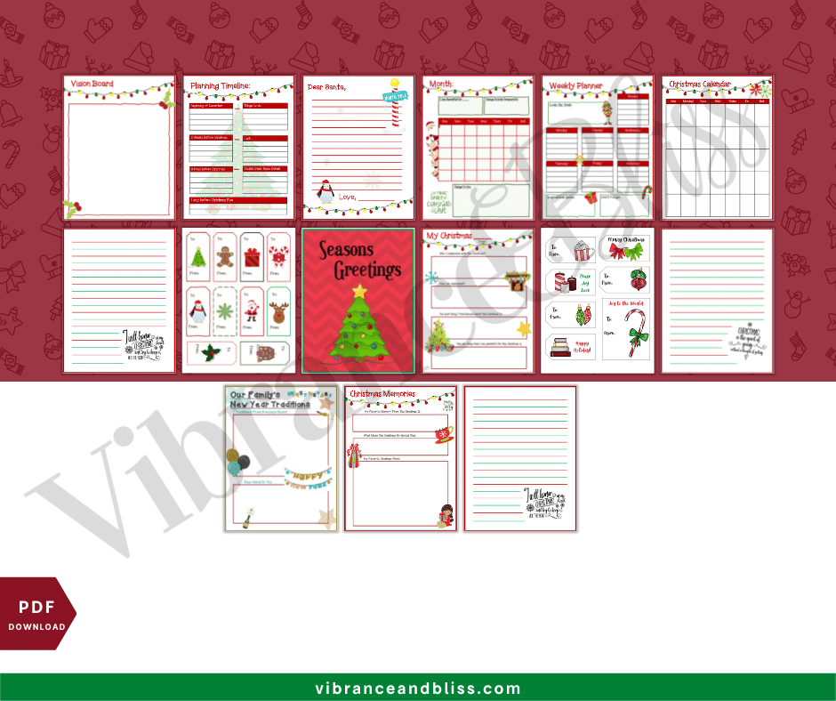 The Christmas Planner is a 12-page printable PDF featuring festive borders, checklists, calendars, notes, and recipe cards with holiday designs on a red background. "PDF Download" and "vibranceandbliss.com" appear at the bottom.