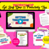 Promotional image for Get Stuff Done: 13 Productivity Tips showing video preview, audio file, transcript, slides, checklist, and workbook prompts—each with vibrant captions and playful graphics.