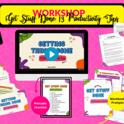 Promotional image for Get Stuff Done: 13 Productivity Tips showing video preview, audio file, transcript, slides, checklist, and workbook prompts—each with vibrant captions and playful graphics.