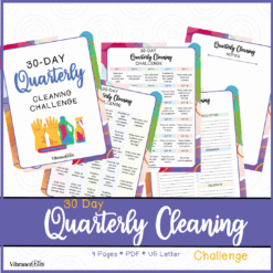 Image of the 30 Day Cleaning Challenge printable set, including a cover, checklist, schedule, and notes page—all with colorful borders and cleaning icons.