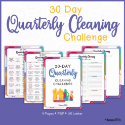 Image of the 30 Day Cleaning Challenge by Vibrance&Bliss, featuring five colorful US Letter PDF planner pages with checklists and schedules for daily cleaning tasks. Includes four printable pages for a quarterly cleaning routine.