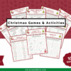 A set of ten printable "Christmas Activities & Games" sheets, featuring festive borders and titles like “Christmas Word Search” and “Finish the Christmas Song,” arranged in a fan shape.