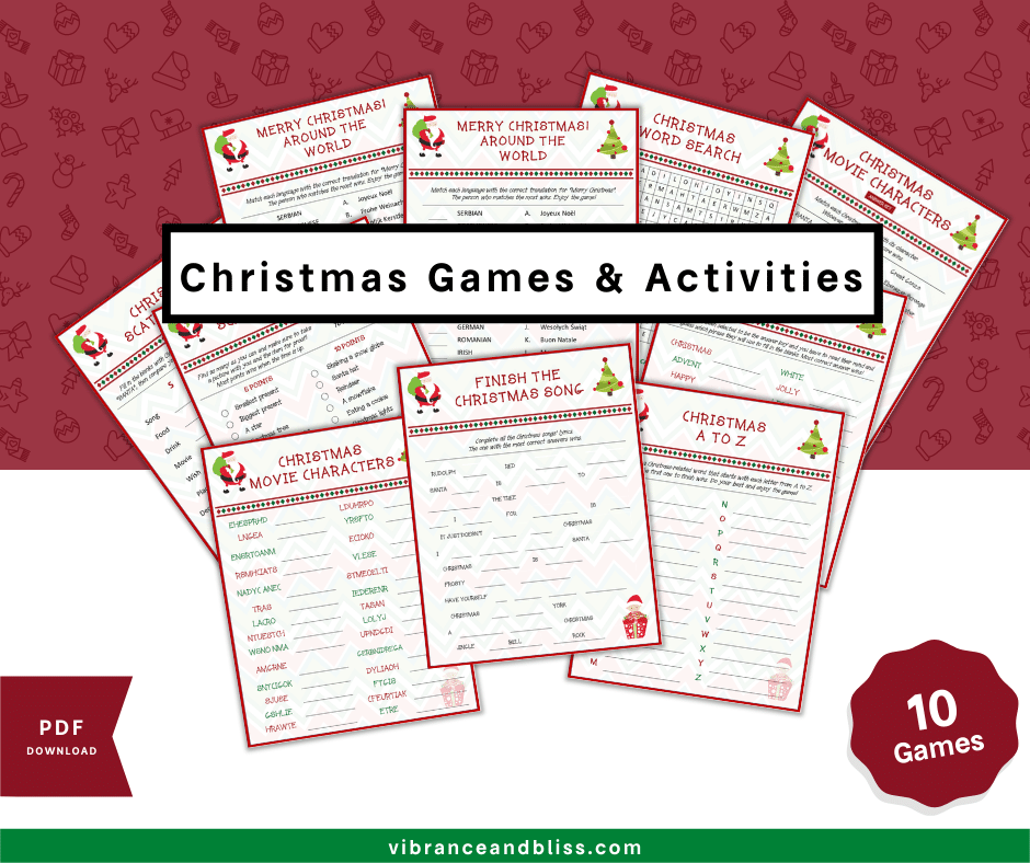 A set of ten printable "Christmas Activities & Games" sheets, featuring festive borders and titles like “Christmas Word Search” and “Finish the Christmas Song,” arranged in a fan shape.
