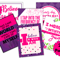 Digital product preview of the Self-Care Planner, featuring six vibrant affirmation cards with bold text and colorful designs. Labels highlight that the set contains 26 pages in both PDF and PNG formats.