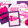 Preview five vibrant Self-Care Motivational Art Prints featuring phrases like “I believe in who I am,” “I honor my intuition,” and “I take care of my world.” Includes 26 pages in PDF and PNG formats.