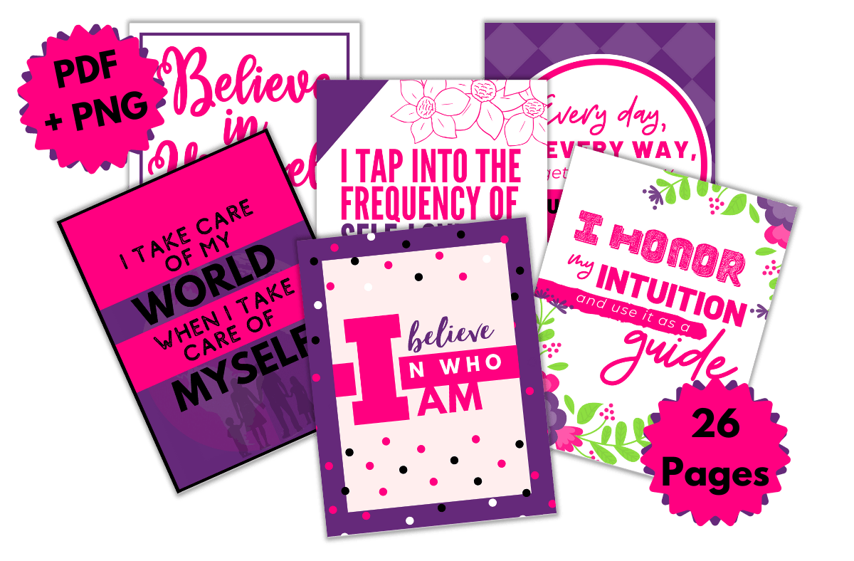 Preview five vibrant Self-Care Motivational Art Prints featuring phrases like “I believe in who I am,” “I honor my intuition,” and “I take care of my world.” Includes 26 pages in PDF and PNG formats.