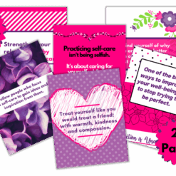A digital preview displays six vibrant Self-Care Tips Cards featuring inspirational quotes. “PDF + PNG” appears on the image, with “26 Pages” in bold pink text at the bottom right, arranged in a collage style.