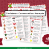 Four festive pages of “Christmas Conversation Starters” feature colorful holiday icons, text prompts, and a red background with seasonal graphics. A banner highlights 56 prompts, and a green website link appears at the bottom.