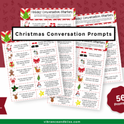Four festive pages of “Christmas Conversation Starters” feature colorful holiday icons, text prompts, and a red background with seasonal graphics. A banner highlights 56 prompts, and a green website link appears at the bottom.