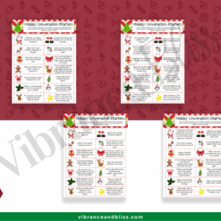 Christmas Conversation Starters features four printable pages with festive decorations—holly, ornaments, bows, mittens, and stars—on a red background with holiday icons and Vibranceandbliss.com branding.