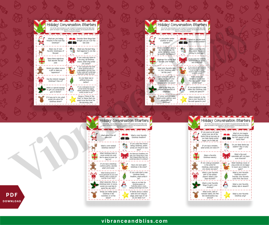 Christmas Conversation Starters features four printable pages with festive decorations—holly, ornaments, bows, mittens, and stars—on a red background with holiday icons and Vibranceandbliss.com branding.