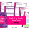The Daily Routines Workbook is displayed with its cover and colorful pages fanned out, featuring checklists, planners, and routines in purple, pink, and blue tones.