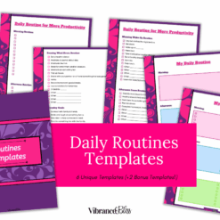 Editable Daily Routine Templates (Canva) by Vibrance & Bliss: a set of colorful, printable checklists to organize your day. Features 6 unique templates plus 2 bonus designs, all shown overlapping for easy comparison.