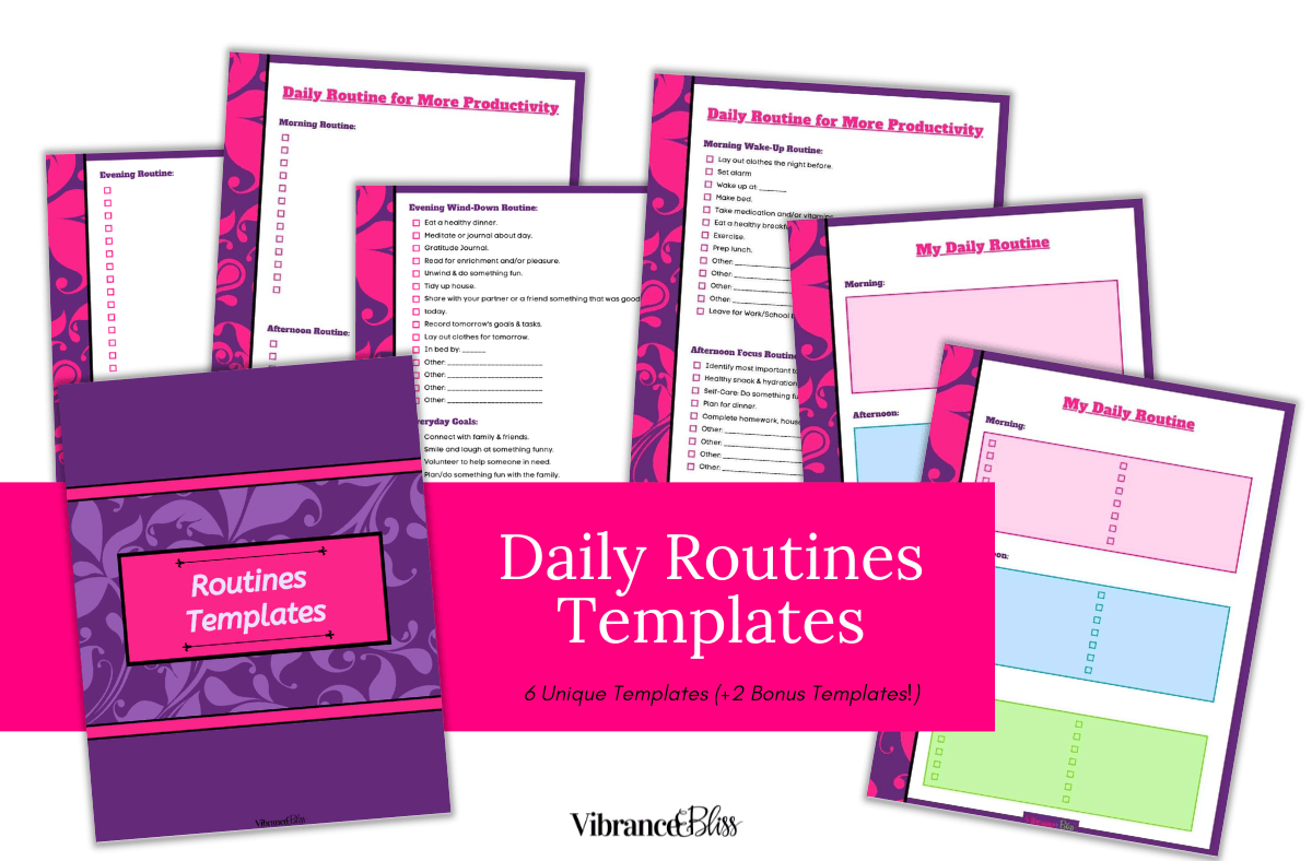 Editable Daily Routine Templates (Canva) by Vibrance & Bliss: a set of colorful, printable checklists to organize your day. Features 6 unique templates plus 2 bonus designs, all shown overlapping for easy comparison.