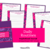 Image shows the Daily Routines Journal cover and sample prompted pages, lined for writing. The pink background features text: Daily Routines Journal – 44 Unique Prompts * PDF * US Letter by VibranceBliss.