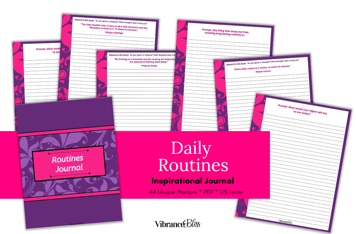Image shows the Daily Routines Journal cover and sample prompted pages, lined for writing. The pink background features text: Daily Routines Journal – 44 Unique Prompts * PDF * US Letter by VibranceBliss.