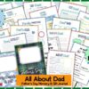 A set of 44 colorful US Letter PDF pages titled All About My Dad, featuring Father's Day activity and memory journal prompts, photo frames, drawings, and message spaces—perfect for kids to complete and gift.