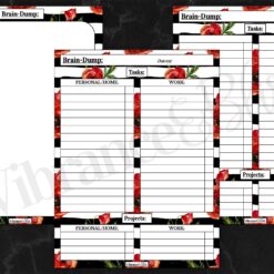 The Brain Dump includes four floral-themed, black-and-white striped planner templates for tasks and projects, with labeled sections for “Personal/Home,” “Work,” and “Projects” plus red and orange flower accents.