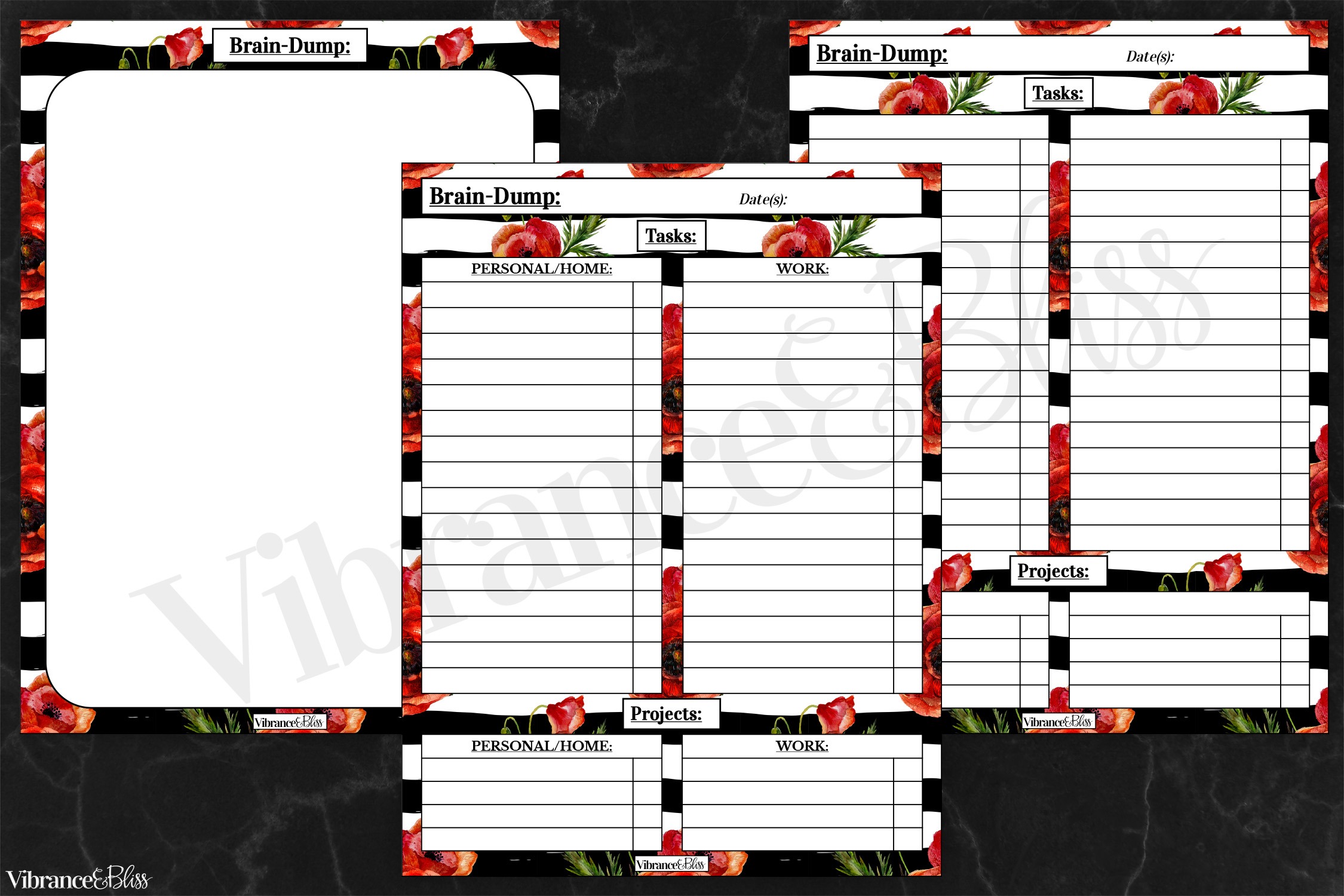 The "Bundle: Planner Basics in Contemporary Poppy" includes four floral-themed planning sheets featuring red poppies, black-and-white striped borders, and sections for tasks, projects, personal/home, and work on a dark background.