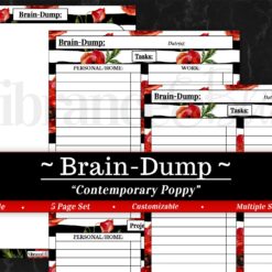 The “Bundle: Planner Basics in Contemporary Poppy” offers printable planner pages with sections for tasks, projects, and dates on a black and white striped background accented by red poppies.