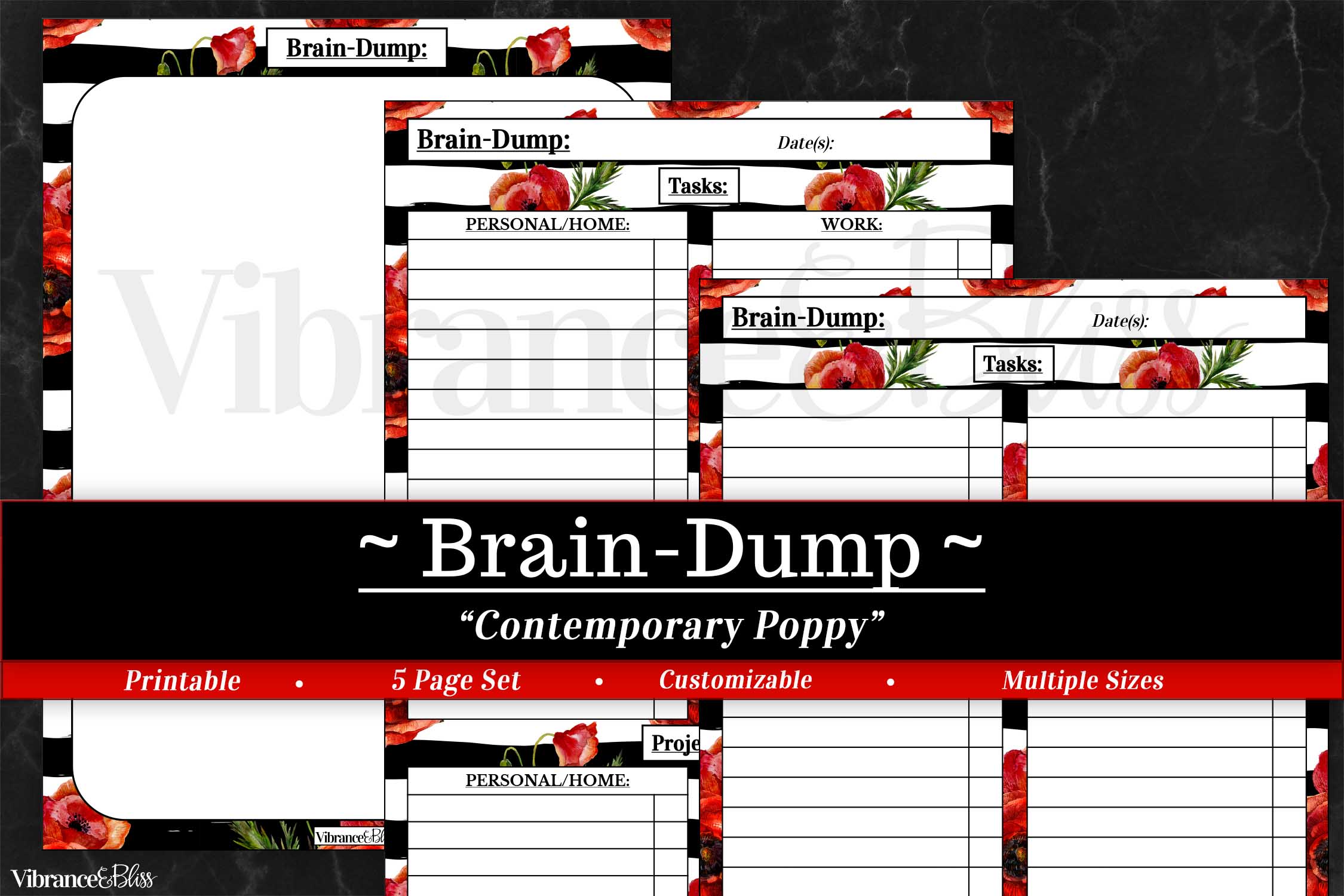 The “Bundle: Planner Basics in Contemporary Poppy” offers printable planner pages with sections for tasks, projects, and dates on a black and white striped background accented by red poppies.