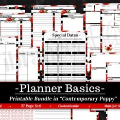 Bundle: Planner Basics in Contemporary Poppy—an undated, customizable printable planner in a black, white, and red poppy floral theme. Includes calendar, special dates, to-do lists, habit tracker, and more.