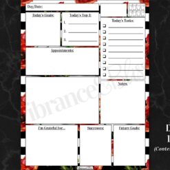 The Daily Planner (1-page) features sections for date, goals, top 3 priorities, tasks, appointments, notes, gratitude, successes, and future goals. It has a black marble background and a border decorated with red poppies.