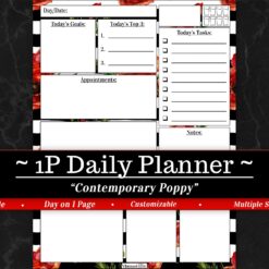 The Bundle: Planner Basics in Contemporary Poppy features a stylish daily page with sections for goals, top 3 tasks, appointments, to-do list, and notes on a black marble background with poppy accents and bold white/red design.