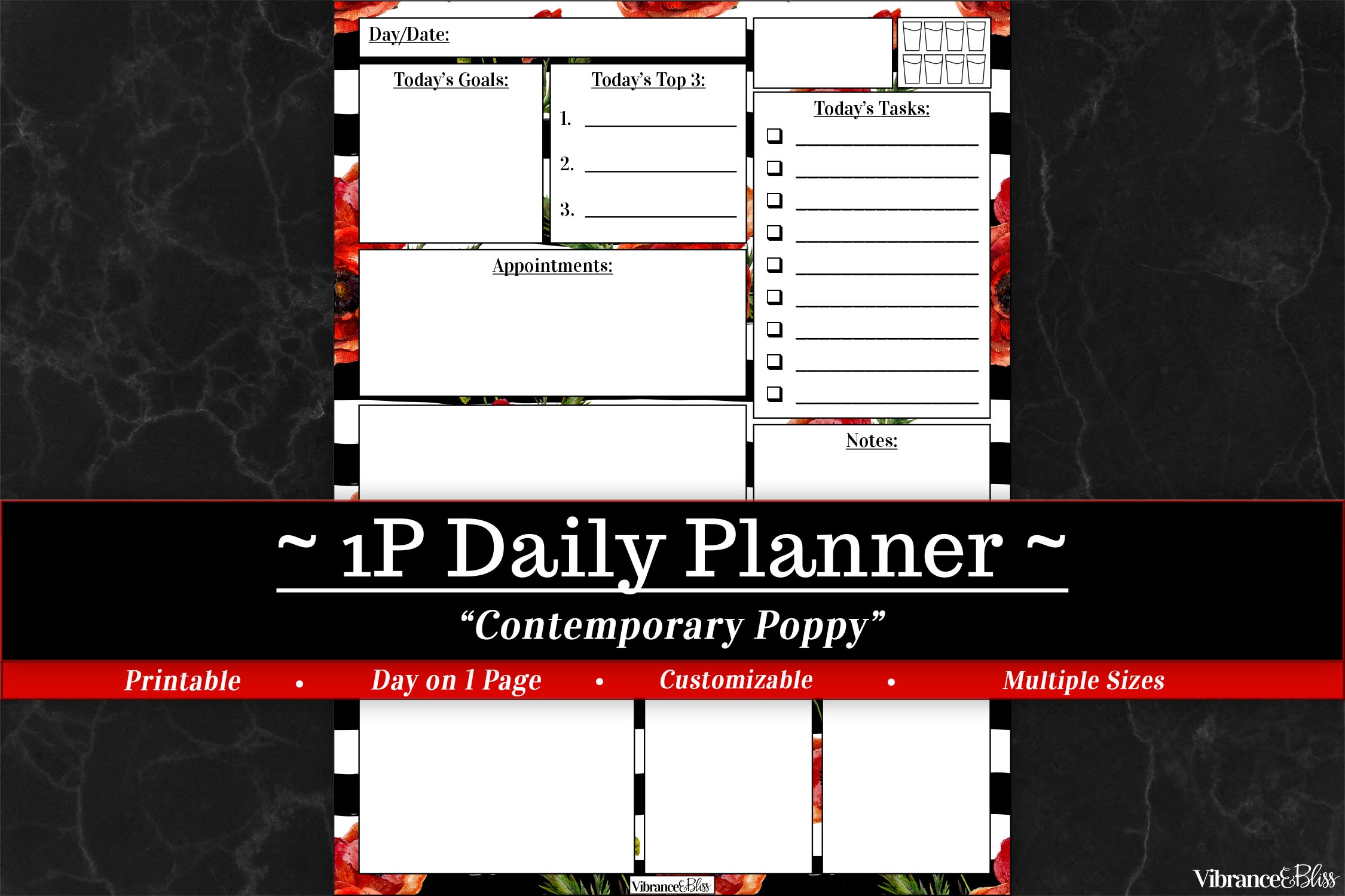 The Bundle: Planner Basics in Contemporary Poppy features a stylish daily page with sections for goals, top 3 tasks, appointments, to-do list, and notes on a black marble background with poppy accents and bold white/red design.
