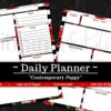 Bundle: Planner Basics in Contemporary Poppy includes two printable daily planner pages with red poppy borders and a black marble background. Features sections for goals, appointments, routines, schedule, meals, weather, gratitude, and notes.