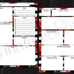 The Daily Planner (2p) features floral and striped borders, plus sections for date, goals, top 3 tasks, to-do list, appointments, routines, notes, weather, mood, gratitude, memories, successes & future goals.